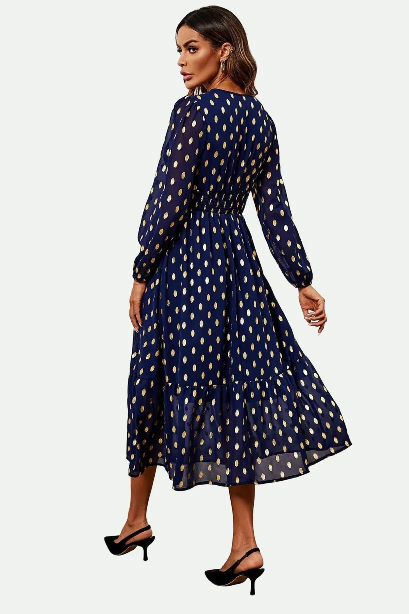 Lace Trim Foil Long Sleeve Maxi Dress In Navy by FS Collection
