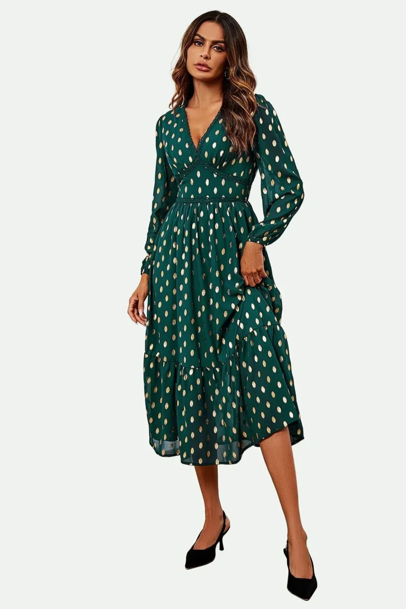 Lace Trim Foil Long Sleeve Maxi Dress In Green by FS Collection
