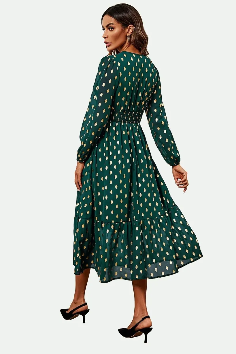 Lace Trim Foil Long Sleeve Maxi Dress In Green by FS Collection