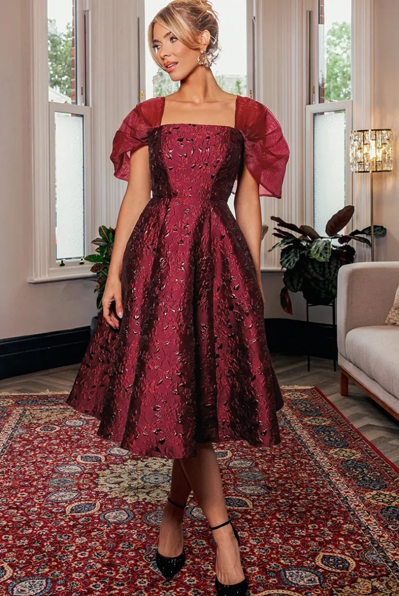 Lace Up Jacquard Midi Dress With Organza Wings - Burgundy Red by Goddiva