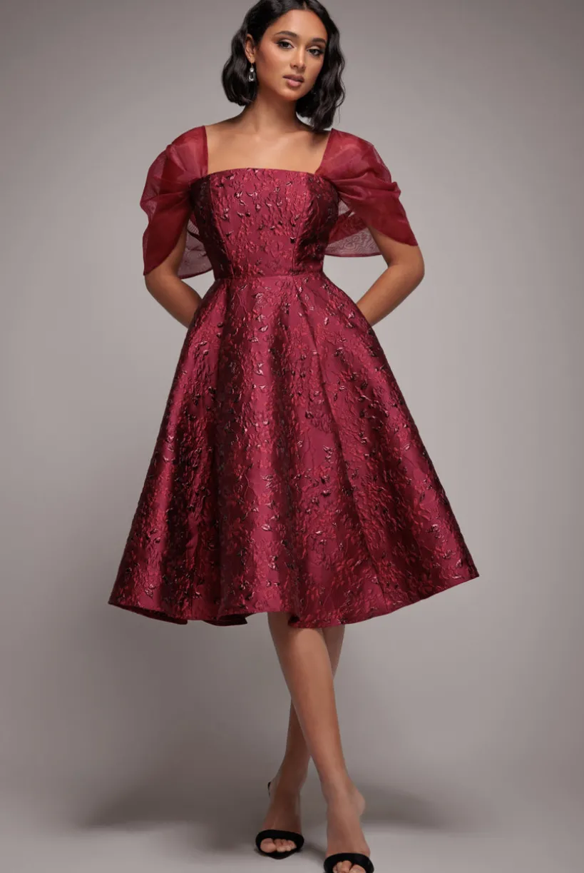 Lace Up Jacquard Midi Dress With Organza Wings - Burgundy Red by Goddiva
