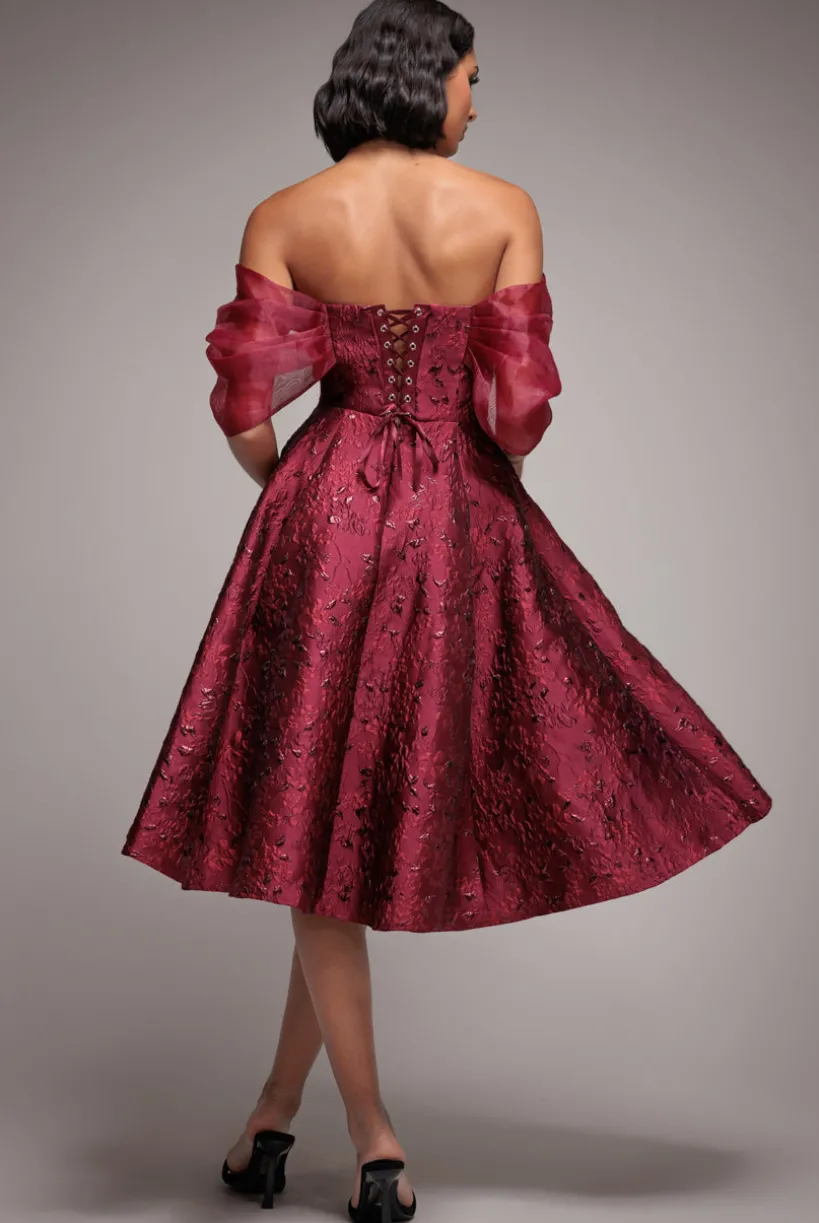 Lace Up Jacquard Midi Dress With Organza Wings - Burgundy Red by Goddiva