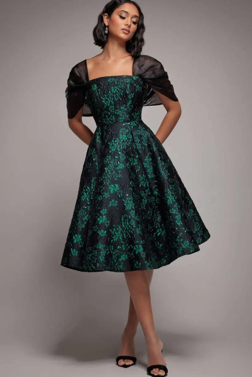 Lace Up Jacquard Midi Dress With Organza Wings - Emerald Black by Goddiva