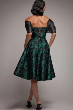Lace Up Jacquard Midi Dress With Organza Wings - Emerald Black by Goddiva