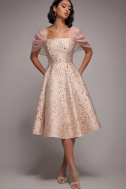 Lace Up Jacquard Midi Dress With Organza Wings - Blush Pink by Goddiva