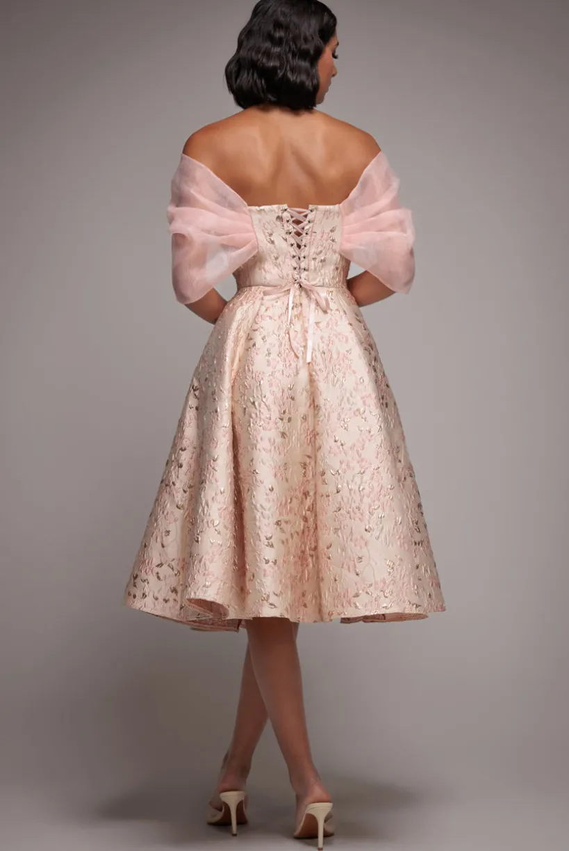 Lace Up Jacquard Midi Dress With Organza Wings - Blush Pink by Goddiva