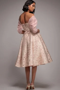 Lace Up Jacquard Midi Dress With Organza Wings - Blush Pink by Goddiva