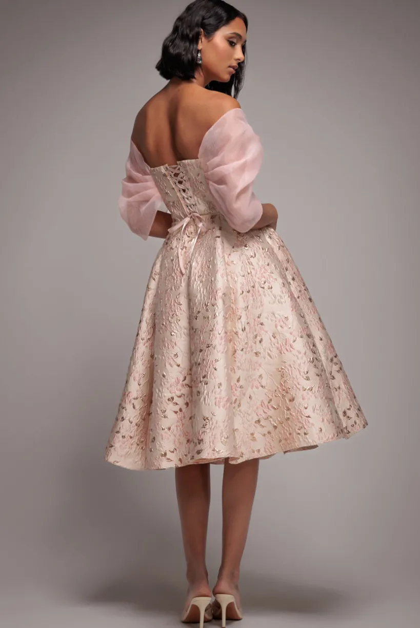 Lace Up Jacquard Midi Dress With Organza Wings - Blush Pink by Goddiva