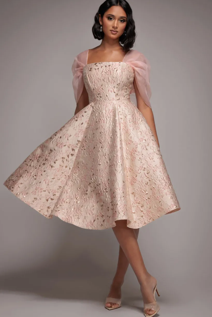 Lace Up Jacquard Midi Dress With Organza Wings - Blush Pink by Goddiva