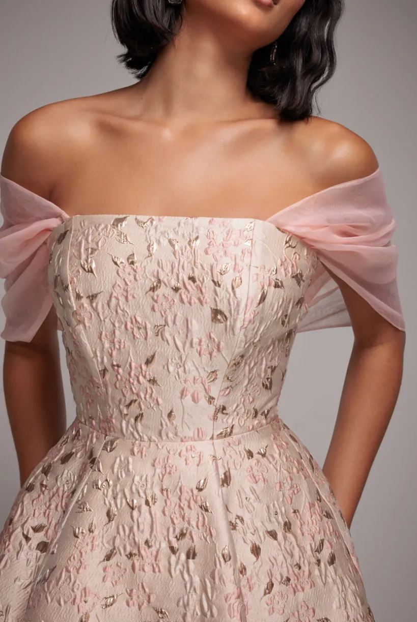Lace Up Jacquard Midi Dress With Organza Wings - Blush Pink by Goddiva