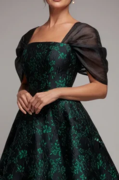 Lace Up Jacquard Midi Dress With Organza Wings - Emerald Black by Goddiva