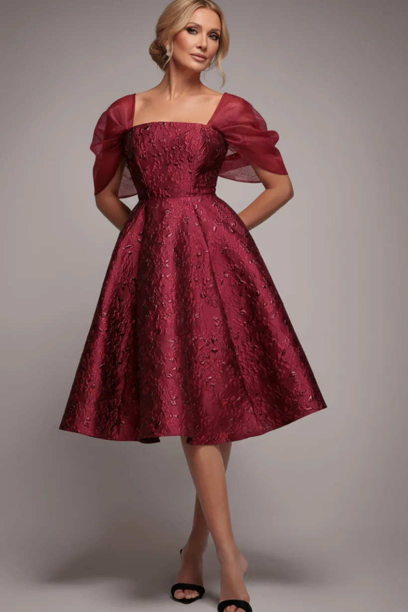 Lace Up Jacquard Midi Dress With Organza Wings - Burgundy Red by Goddiva