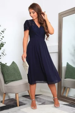 Lace Wrap Front Midi Dress - Navy by Double Second