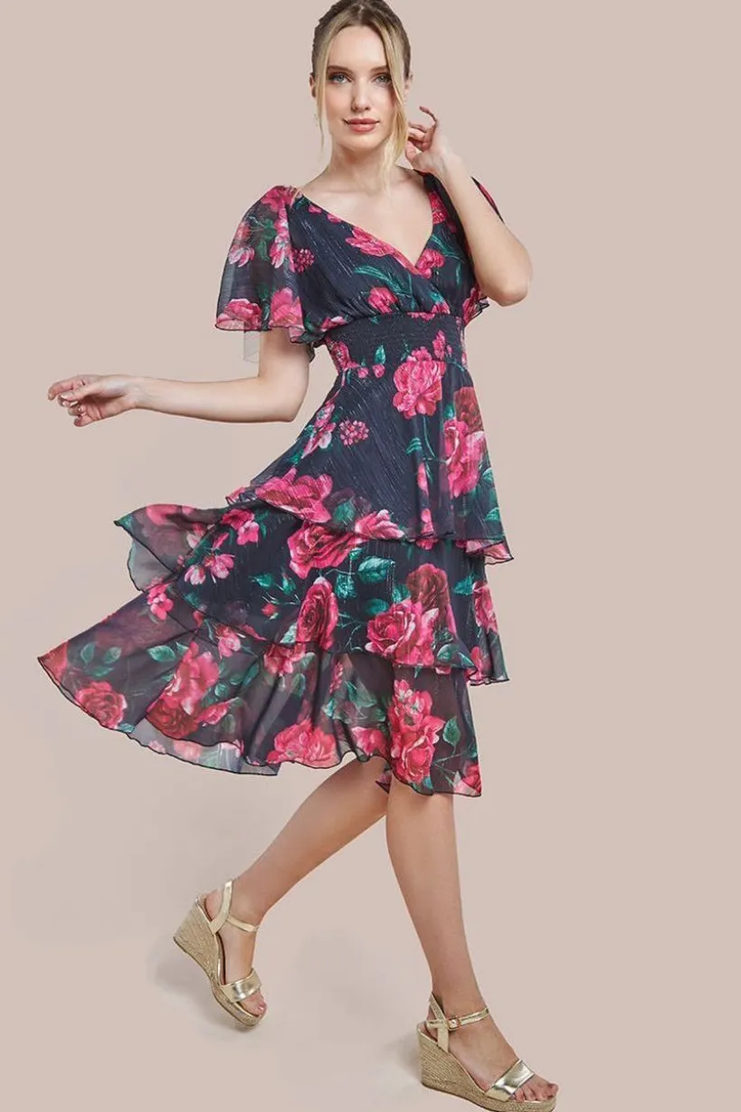 Layered Floral Midi Flutter Sleeves - Blackfloral by Goddiva