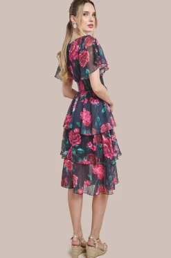 Layered Floral Midi Flutter Sleeves - Blackfloral by Goddiva