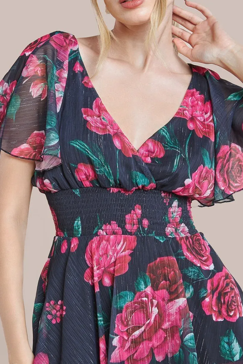 Layered Floral Midi Flutter Sleeves - Blackfloral by Goddiva