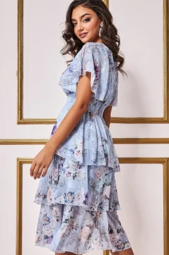 Layered Floral Midi Flutter Sleeves - Blue Floral by Goddiva