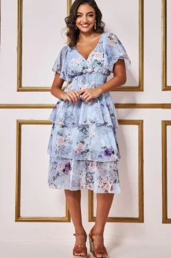 Layered Floral Midi Flutter Sleeves - Blue Floral by Goddiva
