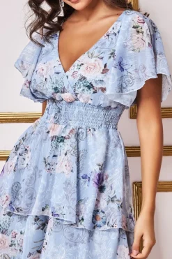 Layered Floral Midi Flutter Sleeves - Blue Floral by Goddiva