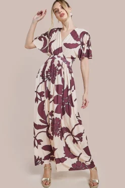 Leaf Print Flutter Sleeve Maxi Dress - Cream by Goddiva