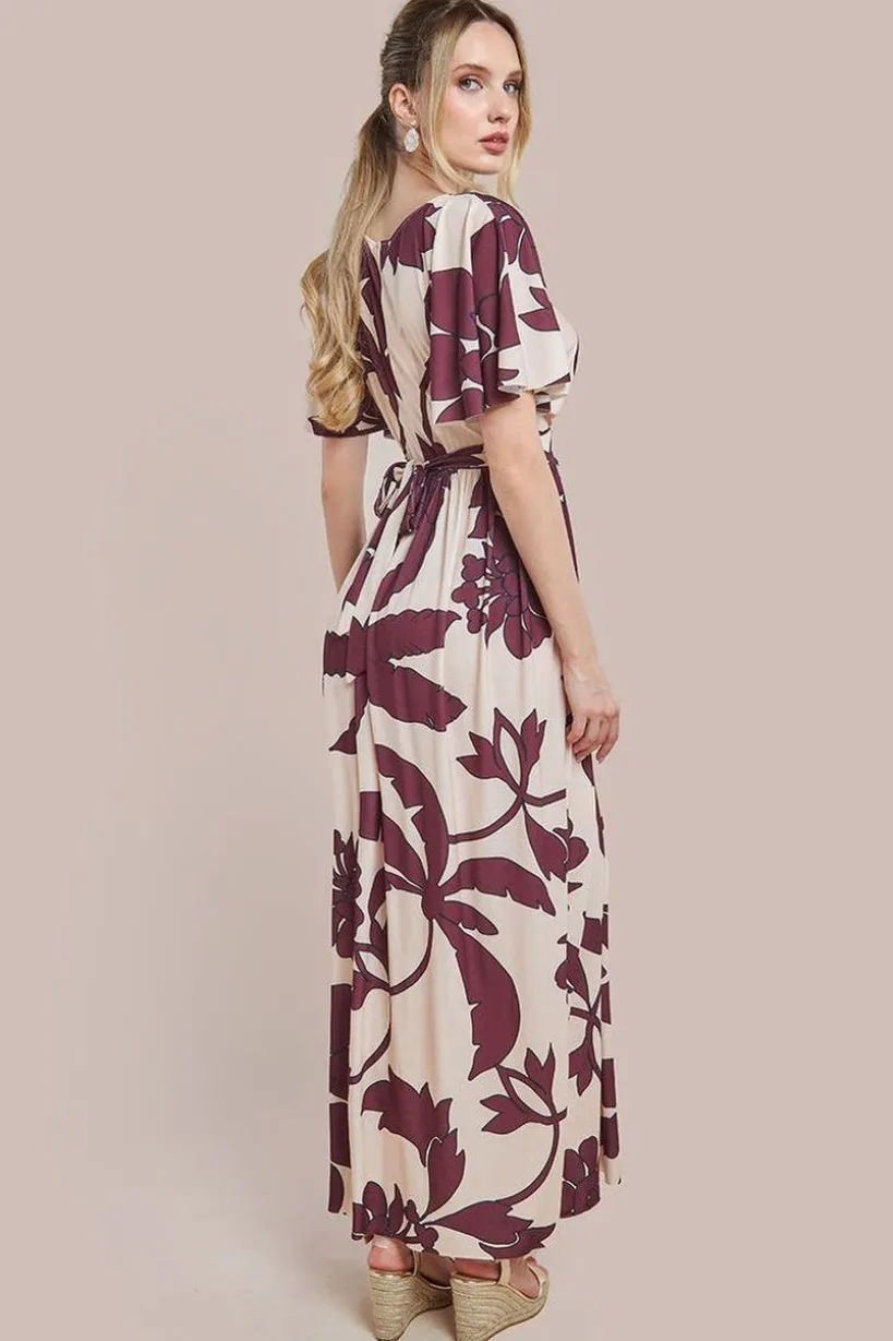 Leaf Print Flutter Sleeve Maxi Dress - Cream by Goddiva