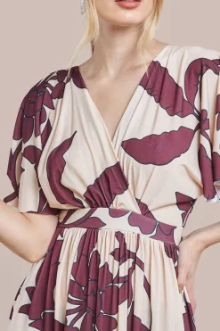 Leaf Print Flutter Sleeve Maxi Dress - Cream by Goddiva