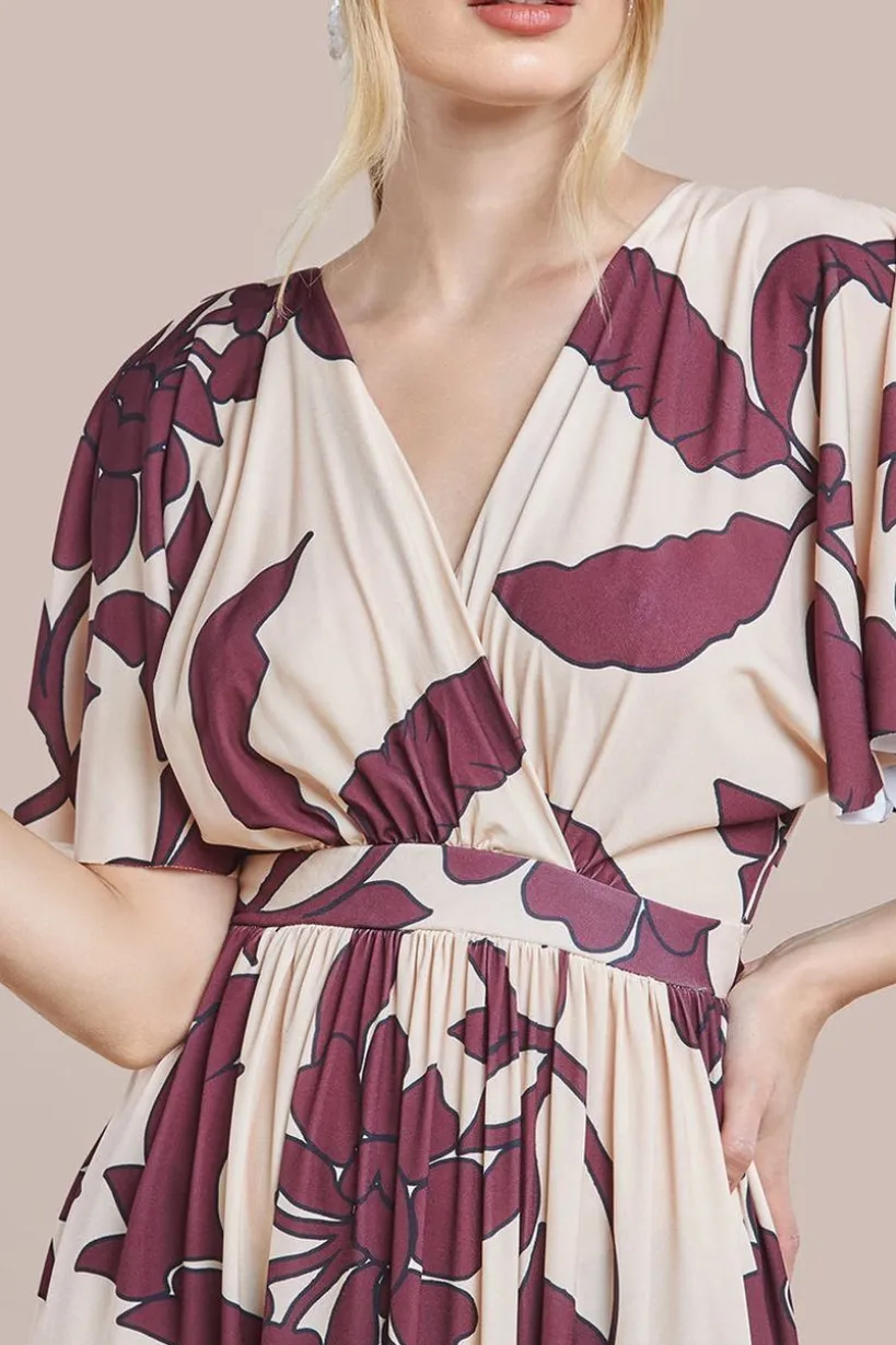 Leaf Print Flutter Sleeve Maxi Dress - Cream by Goddiva