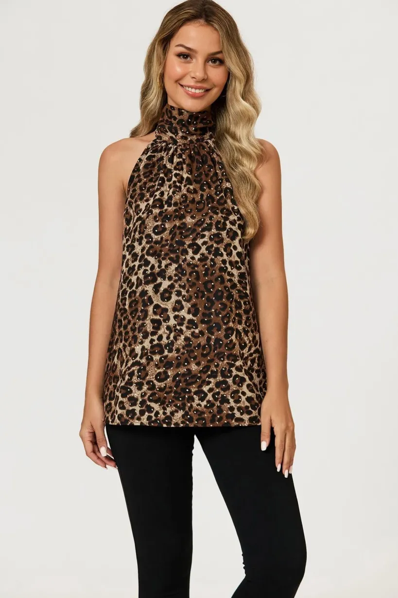 Leopard Print Foil Halter Neck Tie Back Top In Brown by FS Collection