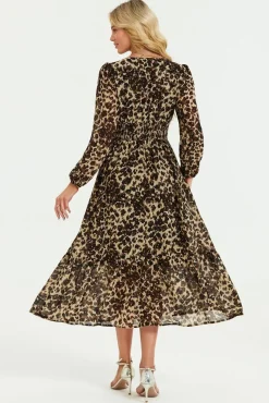 Leopard Print Foil Lace Trim Long Sleeve Maxi Dress In Brown by FS Collection
