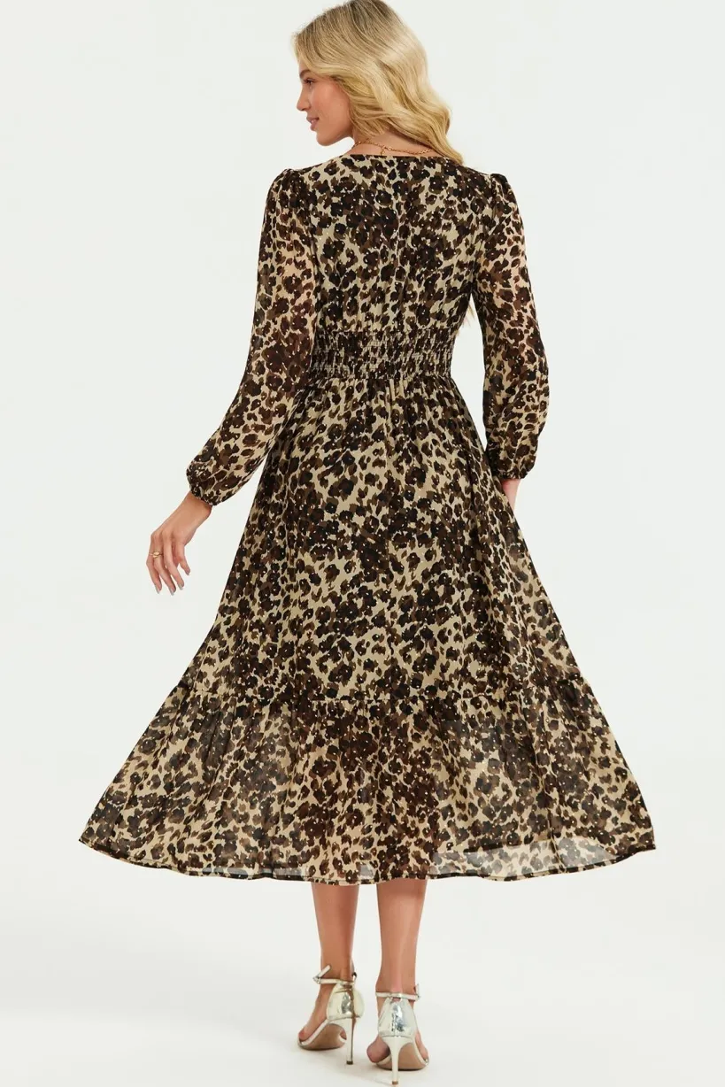 Leopard Print Foil Lace Trim Long Sleeve Maxi Dress In Brown by FS Collection