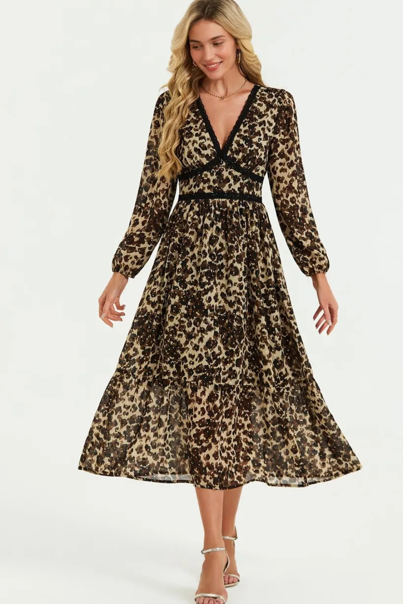Leopard Print Foil Lace Trim Long Sleeve Maxi Dress In Brown by FS Collection