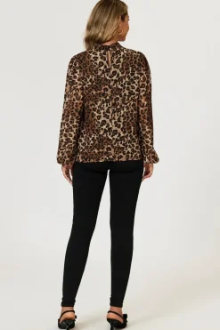 Leopard Print Foil Long Sleeve High Neck Top In Brown by FS Collection