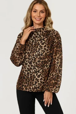 Leopard Print Foil Long Sleeve High Neck Top In Brown by FS Collection