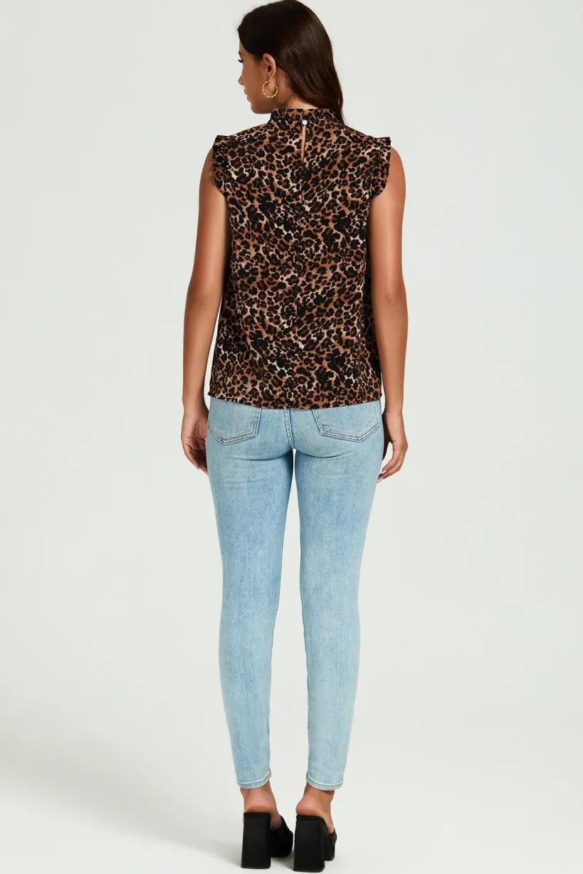 Leopard Print Frill Trim Sleeve Frill Neck Blouse Top In Brown by FS Collection
