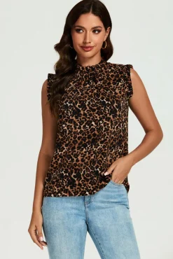 Leopard Print Frill Trim Sleeve Frill Neck Blouse Top In Brown by FS Collection