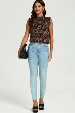 Leopard Print Frill Trim Sleeve Frill Neck Blouse Top In Brown by FS Collection