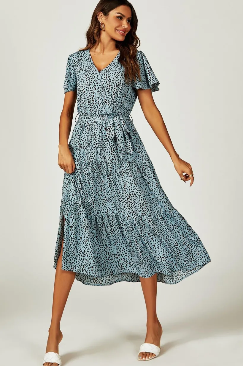 Leopard Print Hem Tiered Wrap Midi Dress In Blue by FS Collection