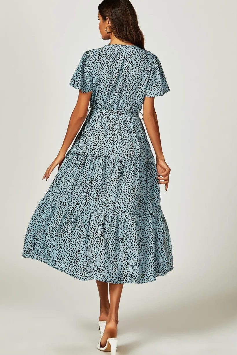 Leopard Print Hem Tiered Wrap Midi Dress In Blue by FS Collection