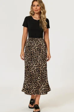 Leopard Print Satin Midi Skirt In Brown by FS Collection