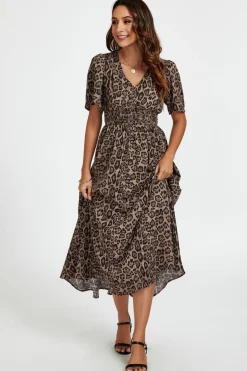 Leopard Print V Neck Midi Dress In Brown by FS Collection