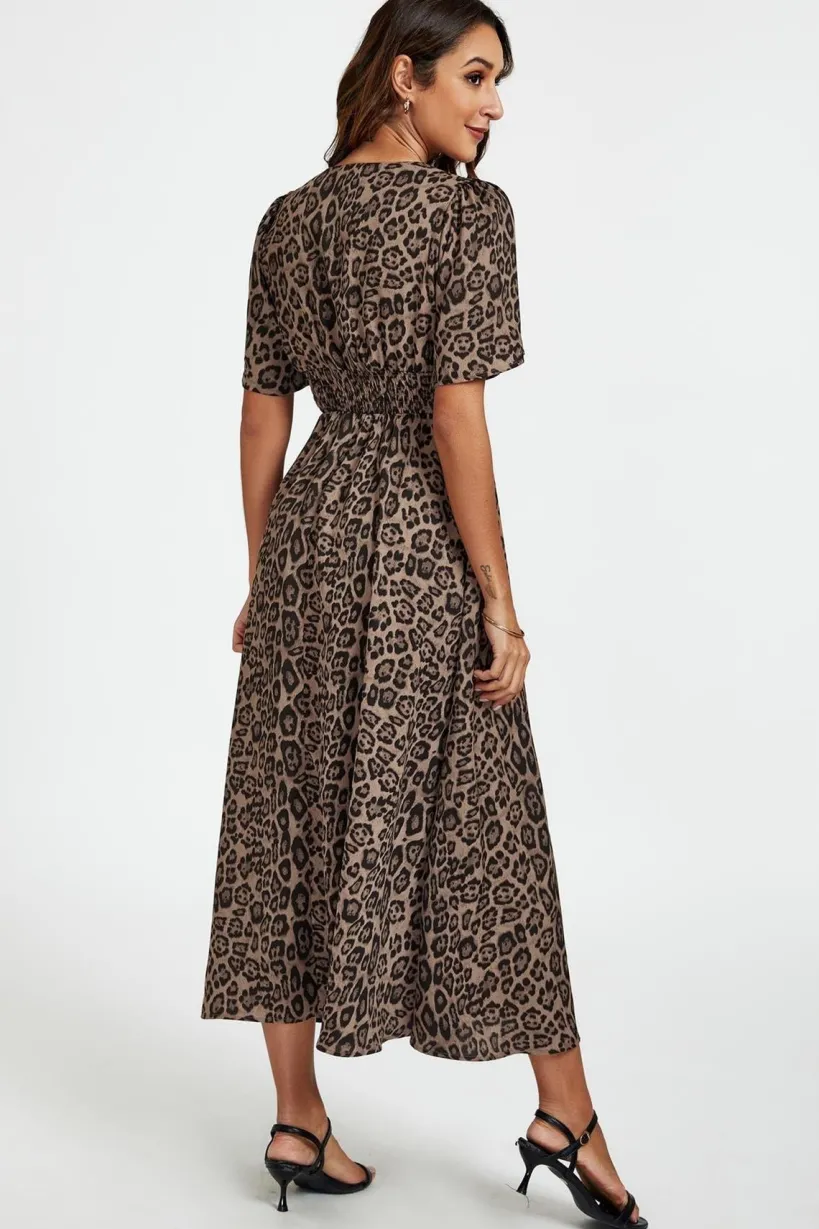 Leopard Print V Neck Midi Dress In Brown by FS Collection