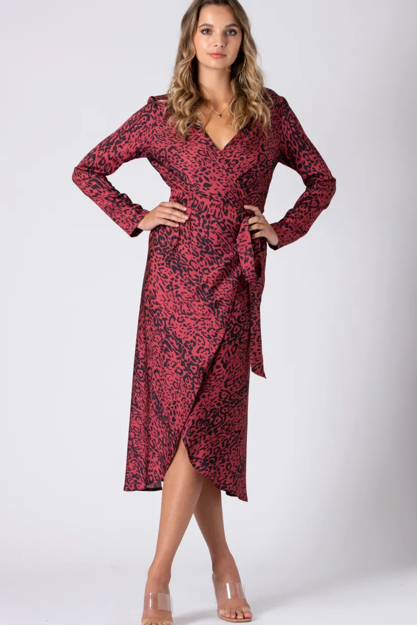 Leopard Print Wrap Dress With Long Sleeve by Urban Touch