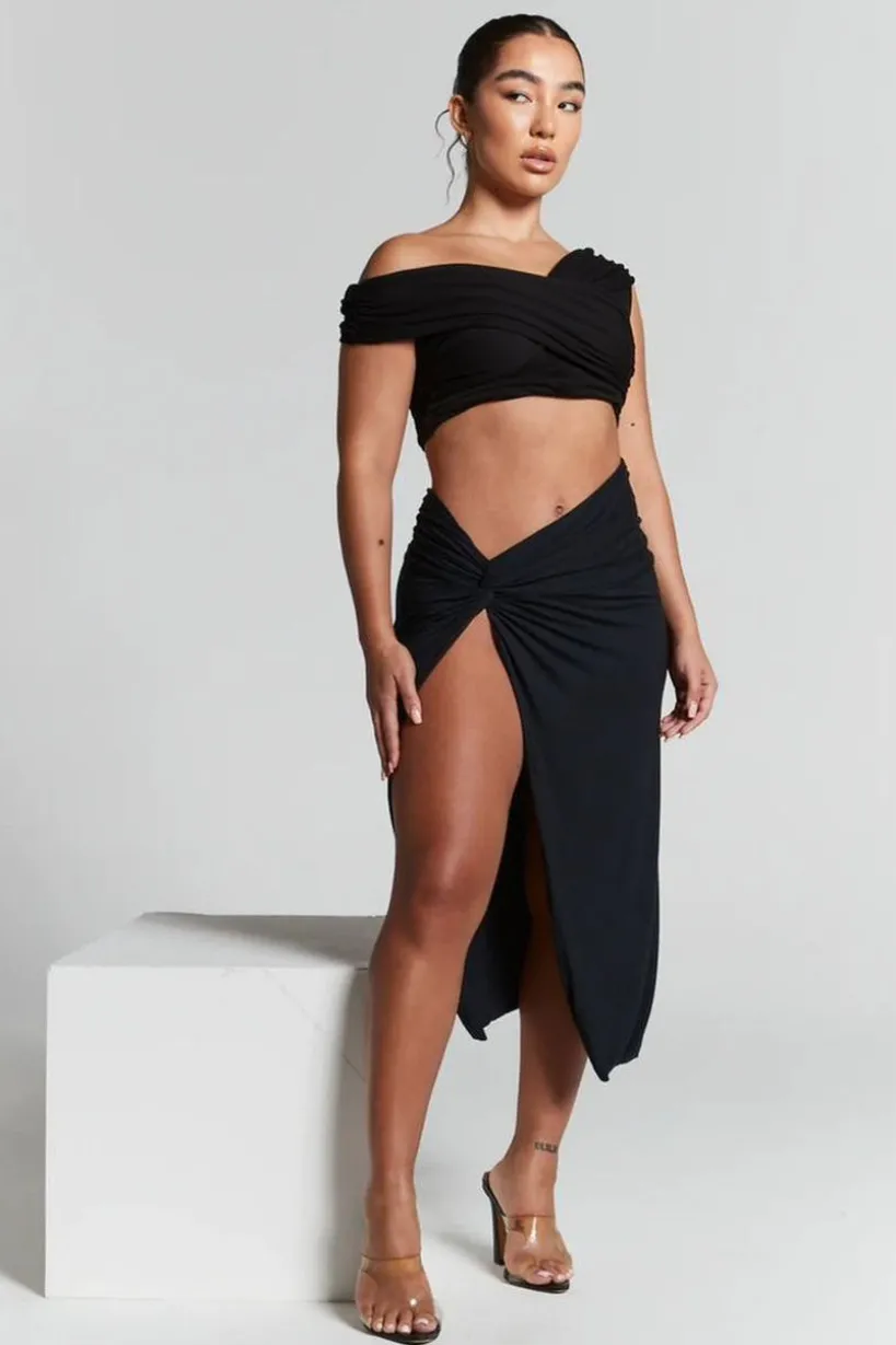 Lexi Black Ruched Knot Midi Skirt by InFlair