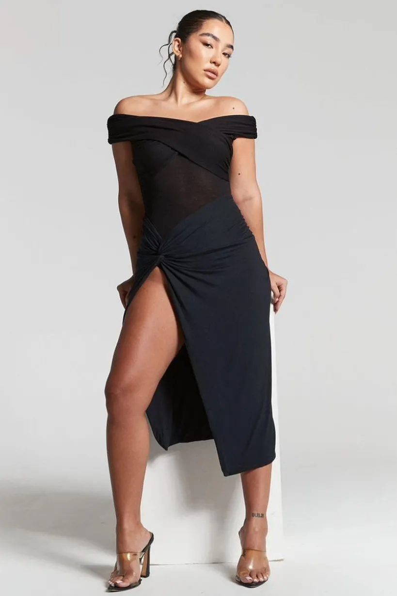 Lexi Black Ruched Knot Midi Skirt by InFlair