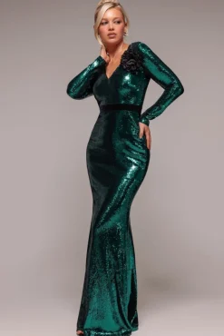 Liquid Sequin Corsage Maxi - Emerald Green by Goddiva