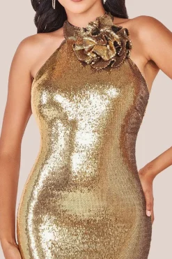 Liquid Sequin Halterneck Maxi With Corsage - Gold by Goddiva