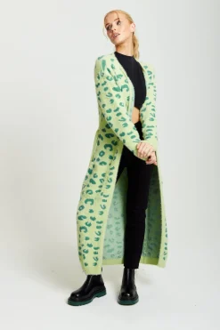 Liquorish Fluffy Longline Cardigan In Green Animal Print by Liquorish
