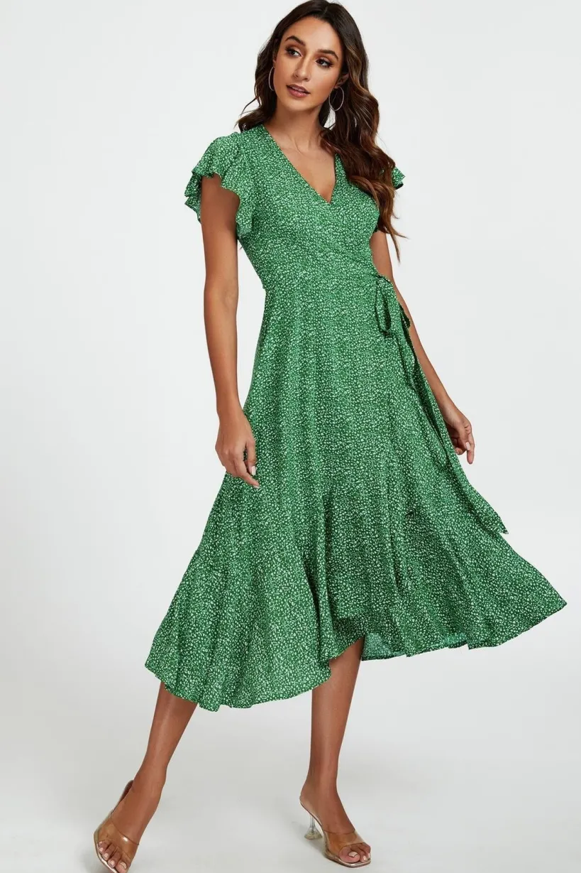 Little Floral Frill Sleeve Midi Wrap Dress In Green by FS Collection