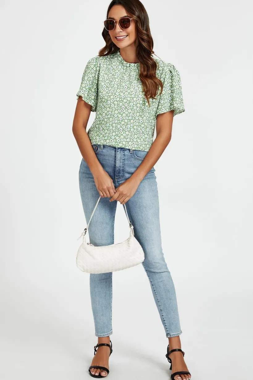 Little Floral Print Angle Sleeve High Neck Top Blouse In Green by FS Collection