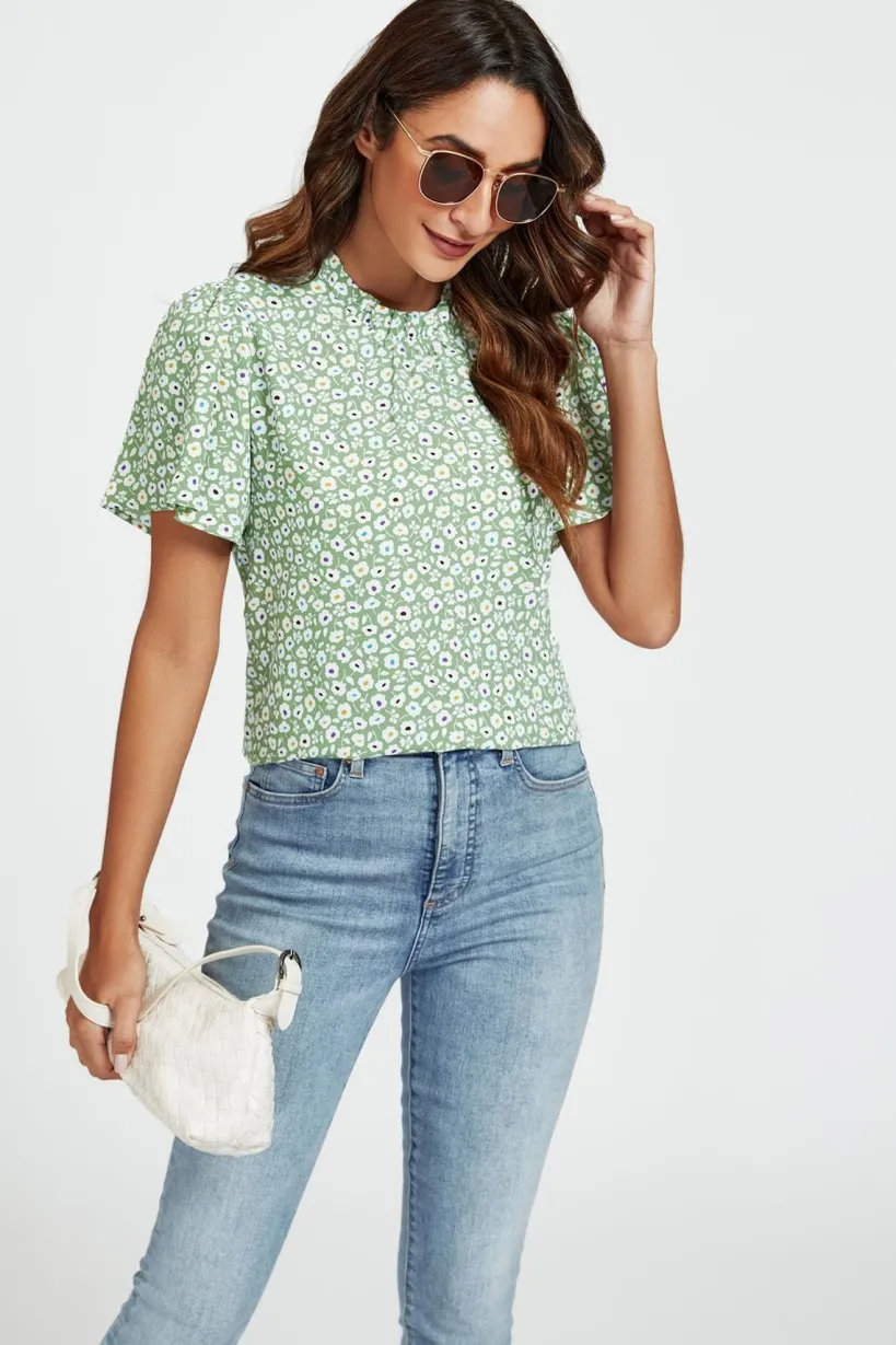 Little Floral Print Angle Sleeve High Neck Top Blouse In Green by FS Collection